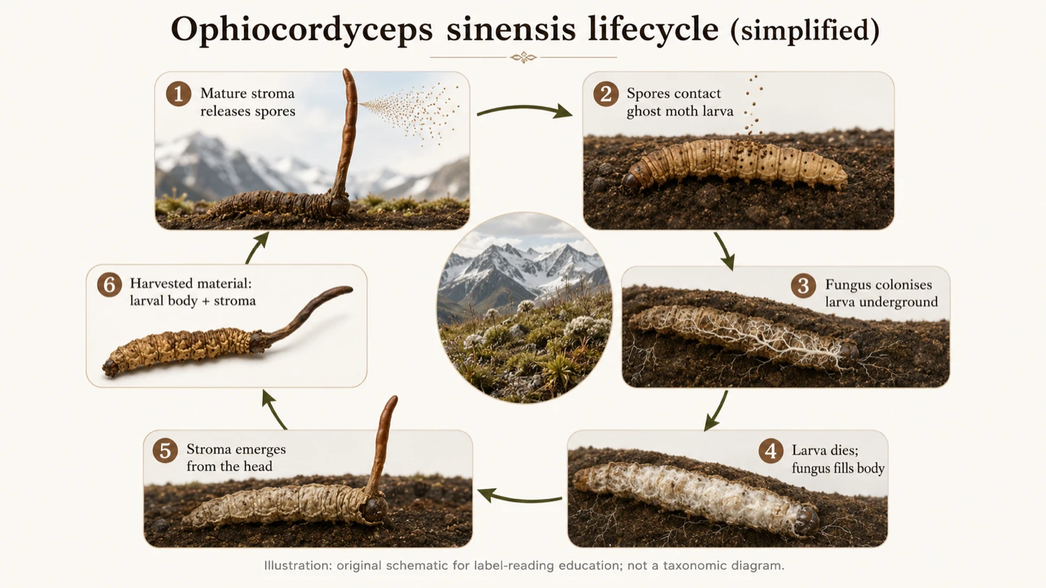 Simplified lifecycle of Ophiocordyceps sinensis