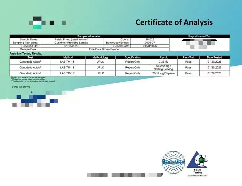 Rysunek 1. Zredagowany fragment COA Produktu A pokazujący konkretne markery triterpenoidowe reishi z UPLC. Identyfikujące dane handlowe zostały usunięte.