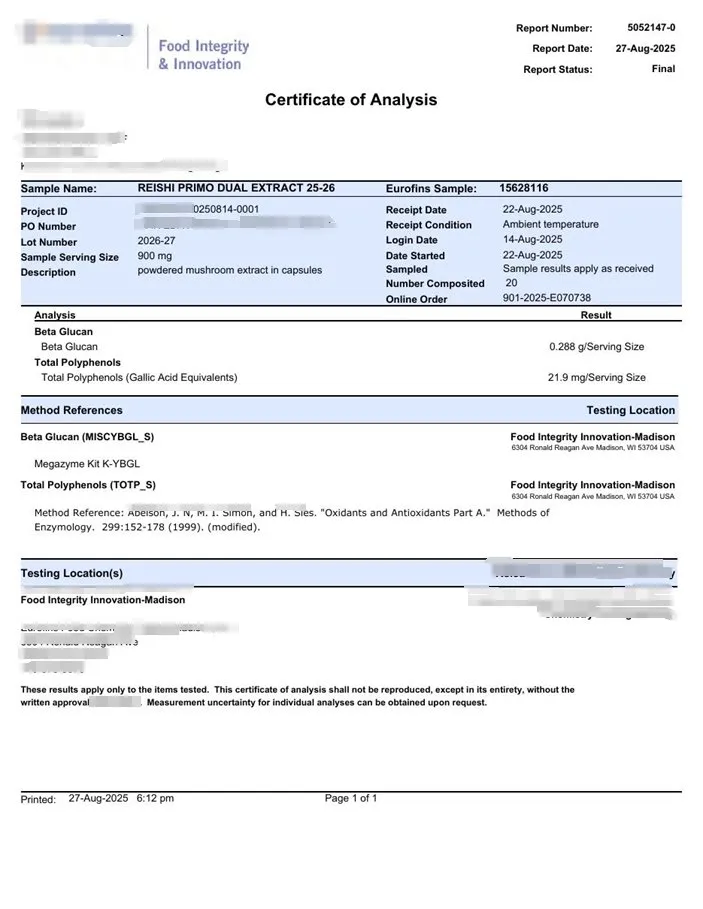 Rysunek 2. Zredagowany fragment COA Produktu A pokazujący wynik beta-glukanu metodą Megazyme. Identyfikujące dane handlowe zostały usunięte.